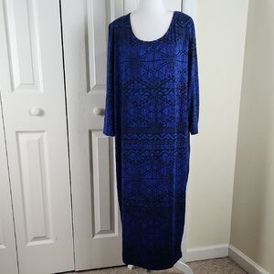 Chic Long Sleeve Blue Patterned Dress 2X